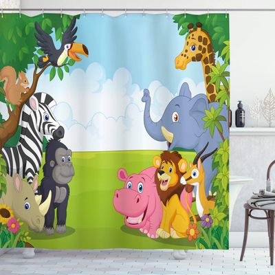 Ambesonne Animal Shower Curtain, Colorful Design Savannah Themed Cartoon Animals Image Art Forest Woodland Print, Cloth Fabric Bathroom Decor Set with Hooks, 69" W x 75" L, Multicolor Sky Blue