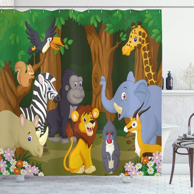 Ambesonne Animal Shower Curtain, Cartoon Style Gazelle Giraffe Gorilla Lion Animals Illustration, Cloth Fabric Bathroom Decor Set with Hooks, 69" W x 84" L, Brown and Fern Green