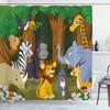 Ambesonne Animal Shower Curtain, Cartoon Style Gazelle Giraffe Gorilla Lion Animals Illustration, Cloth Fabric Bathroom Decor Set with Hooks, 69" W x 84" L, Brown and Fern Green view 1