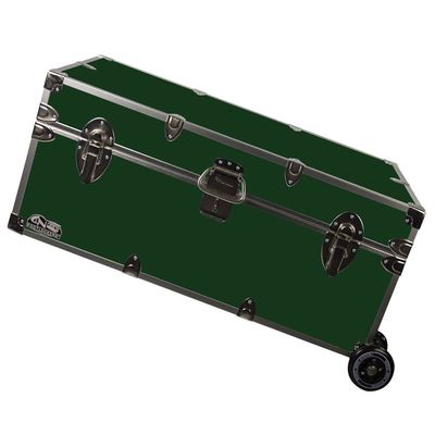 C&N Footlockers - Full-Size Happy Camper Trunk w/Wheels - #1 Summer Camp Trunk - Made in the USA - Steel Footlocker with Lid Stay - 32 x 18 x 13.5 Inches (Dark Green)