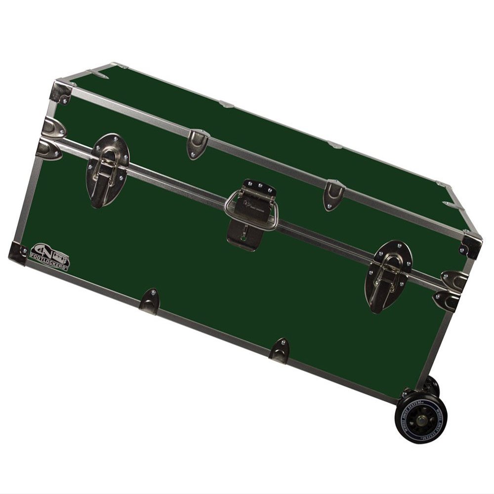 C&N Footlockers - Full-Size Happy Camper Trunk w/Wheels - #1 Summer Camp Trunk - Made in the USA - Steel Footlocker with Lid Stay - 32 x 18 x 13.5 Inches (Dark Green)