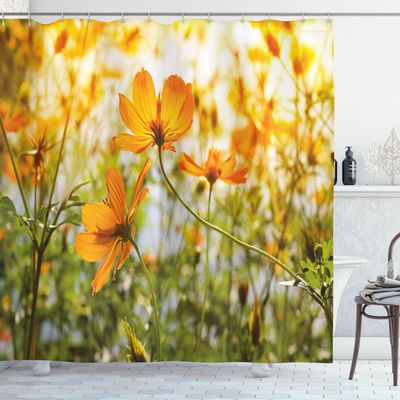 Ambesonne Nature Shower Curtain, Flower Grass Foliage at Sunrise Summer in The Park Fresh Scenery, Cloth Fabric Bathroom Decor Set with Hooks, 69" W x 70" L, Olive Green Marigold