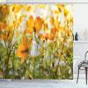 Ambesonne Nature Shower Curtain, Flower Grass Foliage at Sunrise Summer in The Park Fresh Scenery, Cloth Fabric Bathroom Decor Set with Hooks, 69" W x 70" L, Olive Green Marigold view 1
