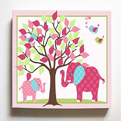Whimsical Elephant & Lovebirds Garden - Checkerboard Stretched Canvas Nursery Decor - Wall Art That Makes a Memorable Baby Gift Idea - Wooden Frame Construction - Ready to Hang 20X24