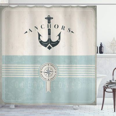 Ambesonne Nautical Shower Curtain, Aged Ocean Lover Phrase with Anchor and Compass Marine Adventure Design, Cloth Fabric Bathroom Decor Set with Hooks, 69" W x 75" L, Beige Blue