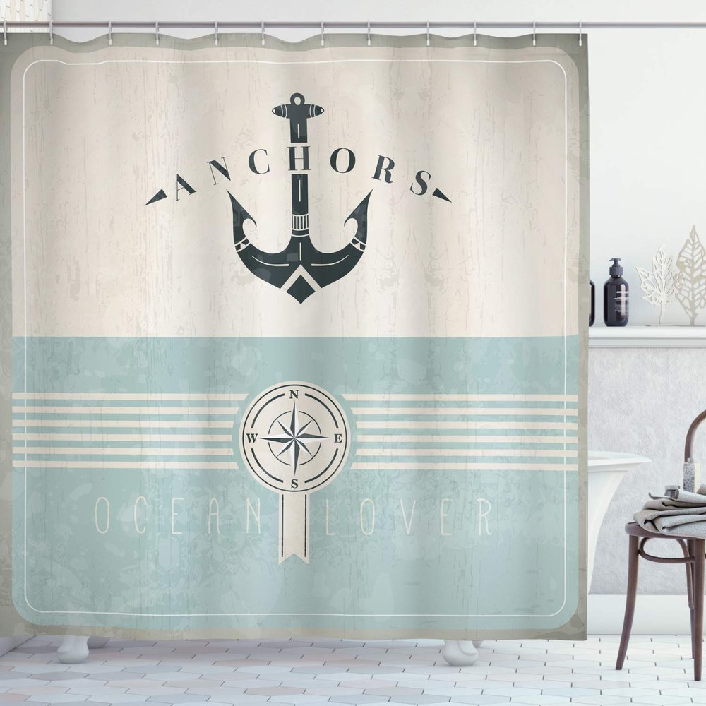 Ambesonne Nautical Shower Curtain, Aged Ocean Lover Phrase with Anchor and Compass Marine Adventure Design, Cloth Fabric Bathroom Decor Set with Hooks, 69" W x 75" L, Beige Blue
