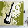 Ambesonne Music Shower Curtain, Electric Bass Guitar with Swirls Background Illustration, Cloth Fabric Bathroom Decor Set with Hooks, 69" W x 84" L, Olive Green White Black view 1