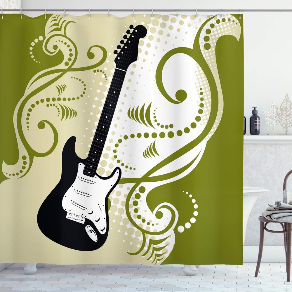 Ambesonne Music Shower Curtain, Electric Bass Guitar with Swirls Background Illustration, Cloth Fabric Bathroom Decor Set with Hooks, 69" W x 75" L, Olive Green White Black