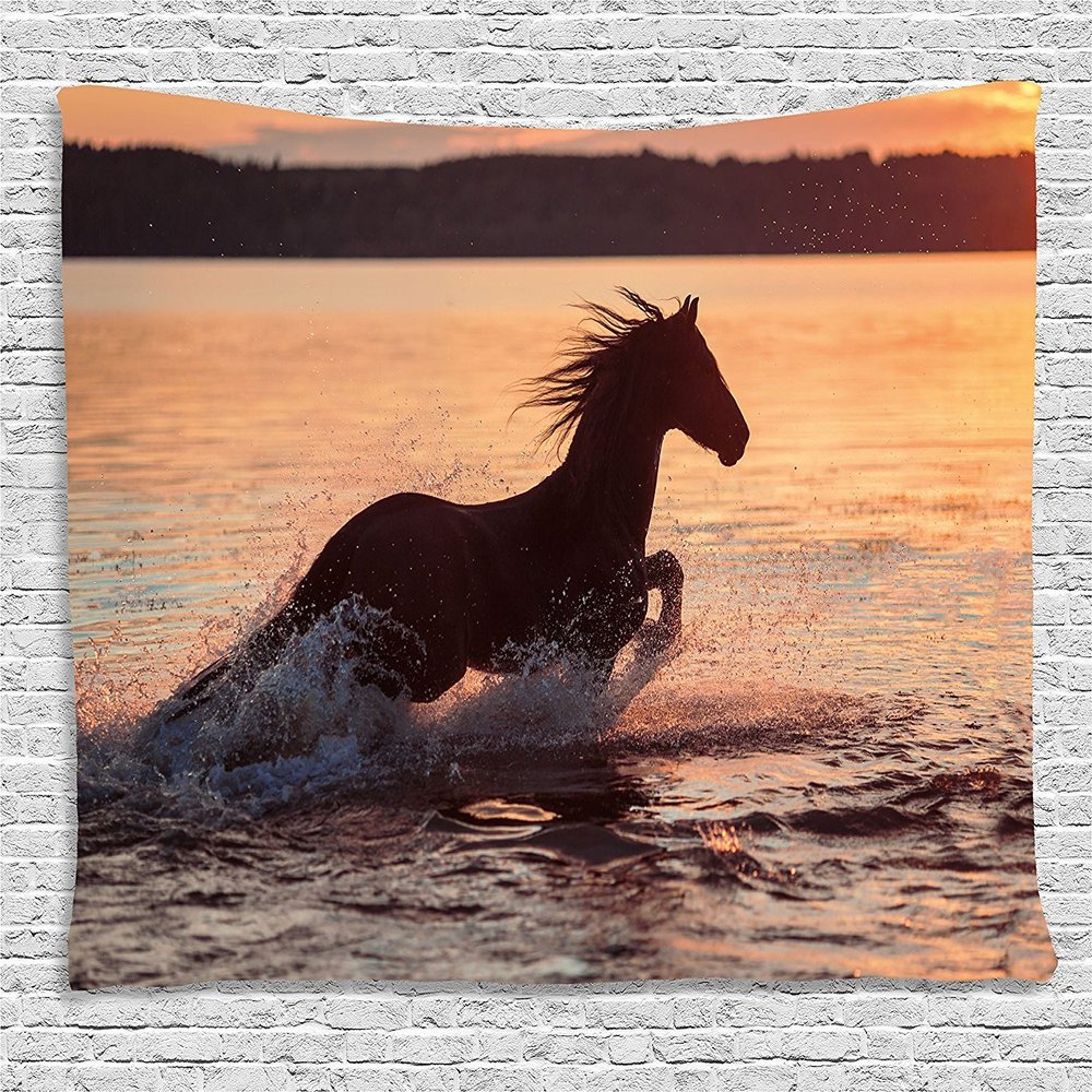 Ambesonne Animal Tapestry, Horse Sea at Sunset Time Horizon Speed Exotic Nature Animal Picture Art, Wide Wall Hanging for Bedroom Living Room Dorm, 60" X 40", Salmon Dark Brown