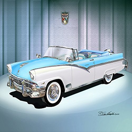 1956 FORD FAIRLANE SUNLINER - BLUE & WHITE - TOP OF THE LINE - ART PRINT POSTER BY ARTIST DANNY WHITFIELD - SIZE 20 x 24