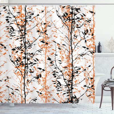 Ambesonne Modern Shower Curtain, Forest Illustration with Trees Silhouettes Branches Hand Drawn Print, Cloth Fabric Bathroom Decor Set with Hooks, 69" W x 84" L, Orange Black