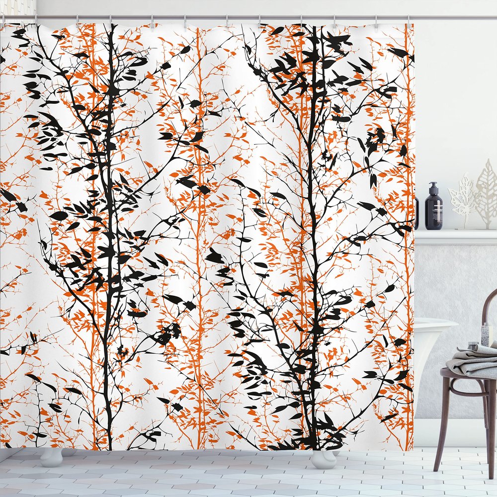 Ambesonne Modern Shower Curtain, Forest Illustration with Trees Silhouettes Branches Hand Drawn Print, Cloth Fabric Bathroom Decor Set with Hooks, 69" W x 84" L, Orange Black