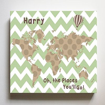 Dr Seuss, Personalized Canvas Nursery Chevron World Map, Customized Baby Name Wall Art Decor, Unique Educational Painting, Memorable Boys & Girls Gift, Giclee Print Stretched on Wood Frame 24X30