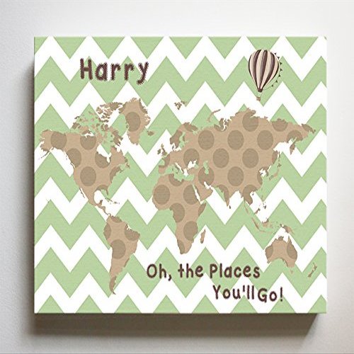 Dr Seuss, Personalized Canvas Nursery Chevron World Map, Customized Baby Name Wall Art Decor, Unique Educational Painting, Memorable Boys & Girls Gift, Giclee Print Stretched on Wood Frame 24X30