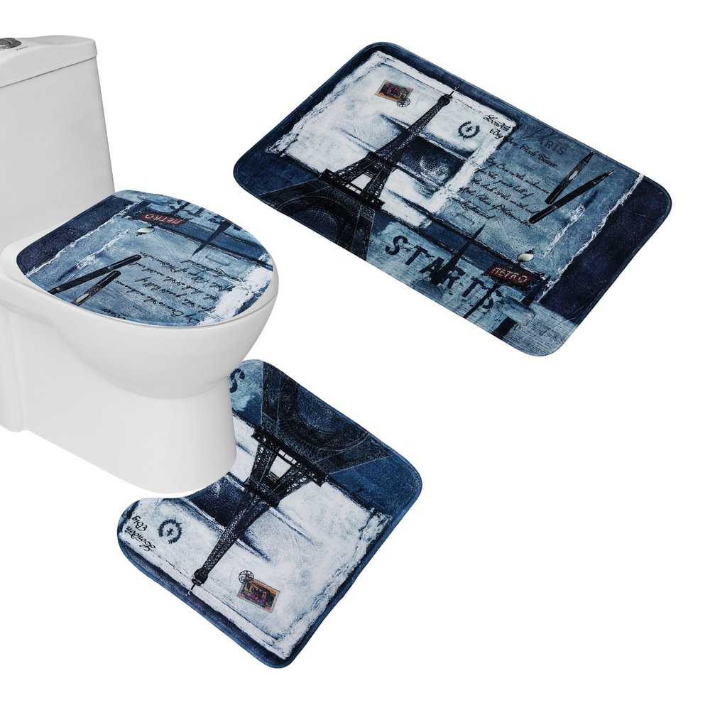 Amagical 3 Piece Paris Eiffel Tower Bathroom Mat Set Toilet Contour Rug Toilet Cover Flannel