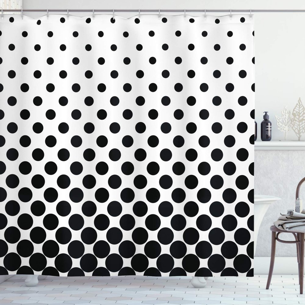 Ambesonne Abstract Shower Curtain, Minimalist Monochrome Dots in Black Growing Big from Bottom to Top Polka Dots Image, Cloth Fabric Bathroom Decor Set with Hooks, 69" W x 84" L, White