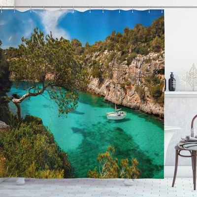 Ambesonne Nature Shower Curtain, Small Yacht Floating in Sea Majorca Spain Rocky Hills Forest Trees Scenic View, Cloth Fabric Bathroom Decor Set with Hooks, 69" W x 75" L, Green Aqua Blue
