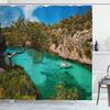 Ambesonne Nature Shower Curtain, Small Yacht Floating in Sea Majorca Spain Rocky Hills Forest Trees Scenic View, Cloth Fabric Bathroom Decor Set with Hooks, 69" W x 75" L, Green Aqua Blue view 1