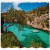 Ambesonne Nature Shower Curtain, Small Yacht Floating in Sea Majorca Spain Rocky Hills Forest Trees Scenic View, Cloth Fabric Bathroom Decor Set with Hooks, 69" W x 75" L, Green Aqua Blue view 2