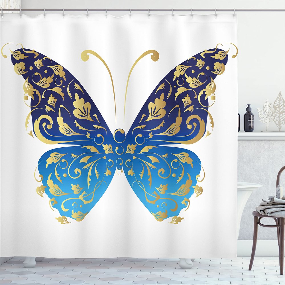 Ambesonne Animal Shower Curtain, Blue Butterfly with Wavy Leaves Graphic, Cloth Fabric Bathroom Decor Set with Hooks, 69" W x 75" L, Yellow Blue
