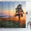 Ambesonne Landscape Shower Curtain, Tree on Meadow at Dramatic Sunset Misty Weather Hills Rural Scenery, Cloth Fabric Bathroom Decor Set with Hooks, 69" W x 75" L, Orange Green Pale Blue view 1