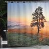 Ambesonne Landscape Shower Curtain, Tree on Meadow at Dramatic Sunset Misty Weather Hills Rural Scenery, Cloth Fabric Bathroom Decor Set with Hooks, 69" W x 75" L, Orange Green Pale Blue view 3