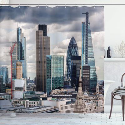 Ambesonne Urban Shower Curtain, London England Skyline Buildings and Skyscrapers and Cloudy Sky Modern Capital City, Cloth Fabric Bathroom Decor Set with Hooks, 69" W x 75" L, Multicolor Dark Grey
