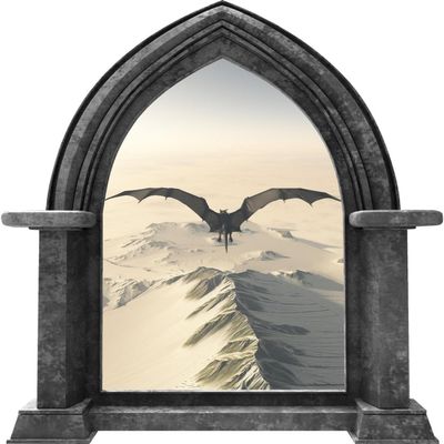 Castle Scape Black Dragon 2 Granite Castle Window Wall Decal Fantasy Medieval Removable Fabric Vinyl Peel and Stick Wall Sticker for Kids Boys Room Decor 24 inch