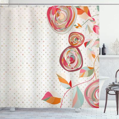 Ambesonne Floral Shower Curtain, Abstract Flower Petals with Fractal Featured Buds on Polka Dots Backdrop Picture, Cloth Fabric Bathroom Decor Set with Hooks, 69" W x 70" L, Multicolor Ivory