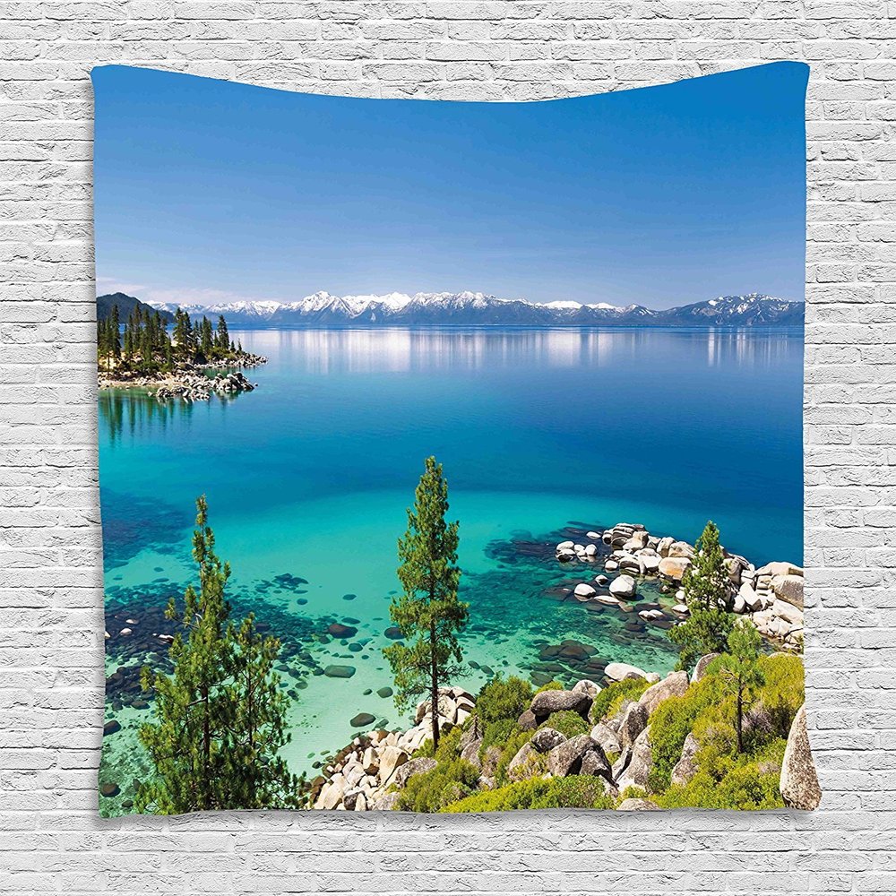 Ambesonne Blue Tapestry, Tranquil View of Lake Tahoe Sierra Pines on Rocks with Turquoise Waters Shoreline, Wall Hanging for Bedroom Living Room Dorm Decor, 40" X 60", Blue Grey Green