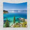 Ambesonne Blue Tapestry, Tranquil View of Lake Tahoe Sierra Pines on Rocks with Turquoise Waters Shoreline, Wall Hanging for Bedroom Living Room Dorm Decor, 40" X 60", Blue Grey Green view 1