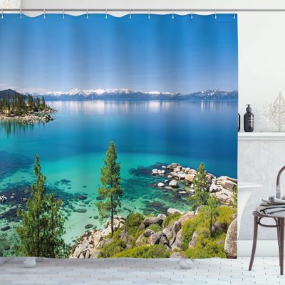 Ambesonne Blue Shower Curtain, Tranquil View of Lake Tahoe Sierra Pines on Rocks with Turquoise Waters Shoreline, Cloth Fabric Bathroom Decor Set with Hooks, 69" W x 75" L, Blue Grey Green