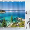 Ambesonne Blue Shower Curtain, Tranquil View of Lake Tahoe Sierra Pines on Rocks with Turquoise Waters Shoreline, Cloth Fabric Bathroom Decor Set with Hooks, 69" W x 75" L, Blue Grey Green view 1