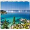 Ambesonne Blue Shower Curtain, Tranquil View of Lake Tahoe Sierra Pines on Rocks with Turquoise Waters Shoreline, Cloth Fabric Bathroom Decor Set with Hooks, 69" W x 75" L, Blue Grey Green view 2