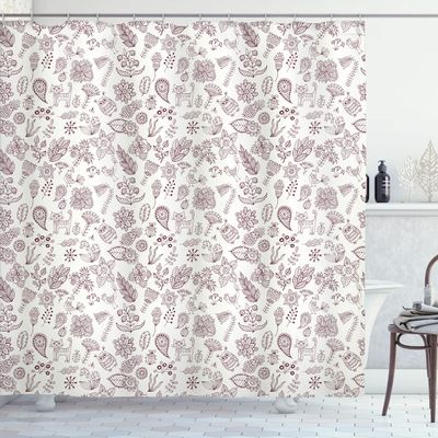 Ambesonne Playroom Shower Curtain, Nature Themed Owl Cat Bird Bluebells Tulips Leaves Doodle Art, Cloth Fabric Bathroom Decor Set with Hooks, 69" W x 70" L, Dark Brown White