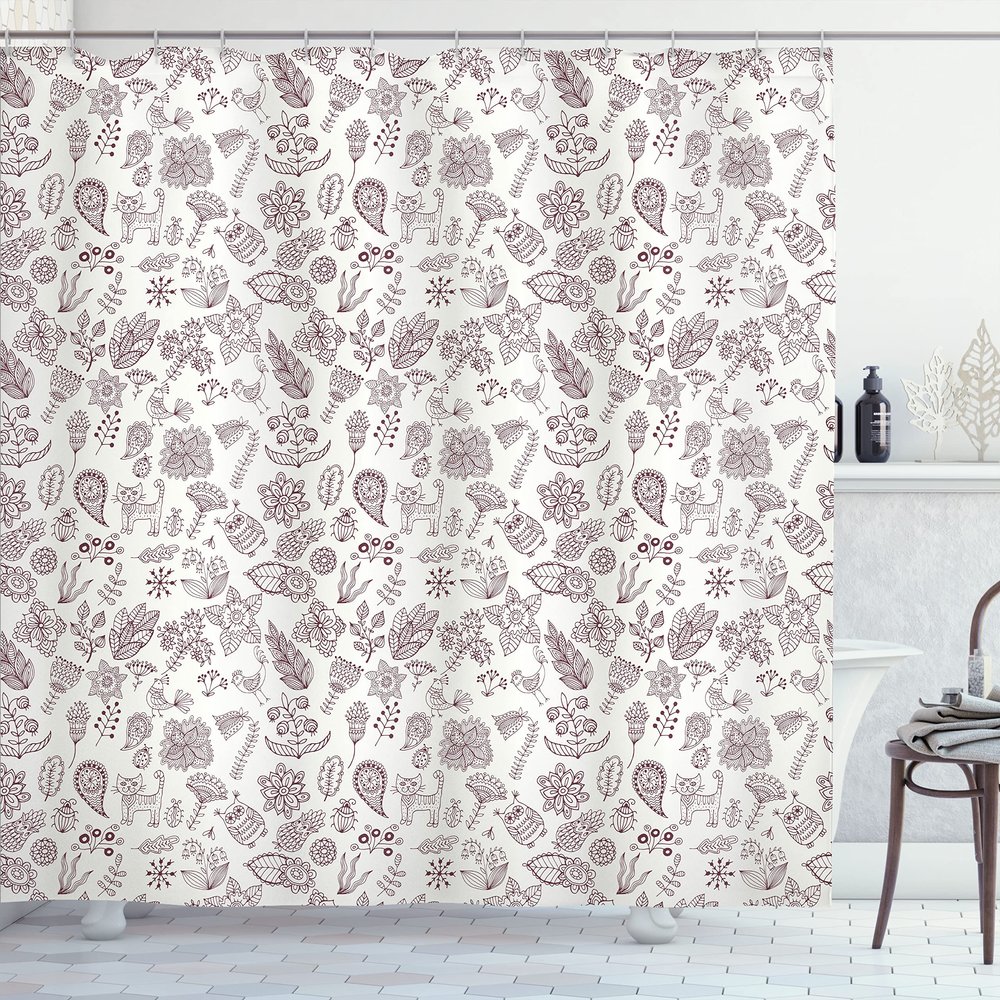 Ambesonne Playroom Shower Curtain, Nature Themed Owl Cat Bird Bluebells Tulips Leaves Doodle Art, Cloth Fabric Bathroom Decor Set with Hooks, 69" W x 70" L, Dark Brown White