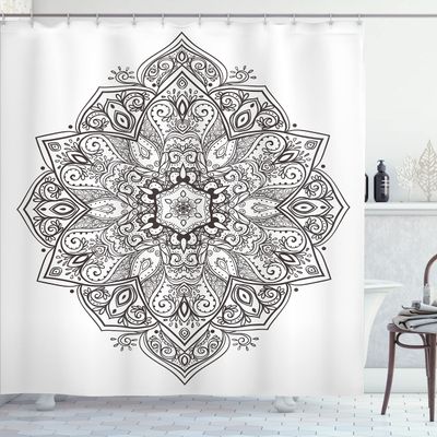 Ambesonne Mandala Shower Curtain, Psychedelic Circular Element Art Lotus Theme, Cloth Fabric Bathroom Decor Set with Hooks, 69" W x 70" L, White Charcoal Grey