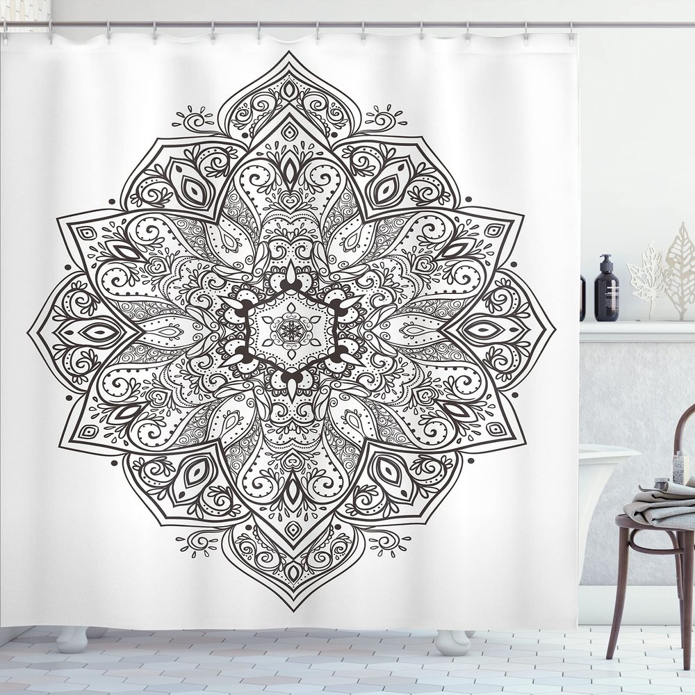 Ambesonne Mandala Shower Curtain, Psychedelic Circular Element Art Lotus Theme, Cloth Fabric Bathroom Decor Set with Hooks, 69" W x 70" L, White Charcoal Grey