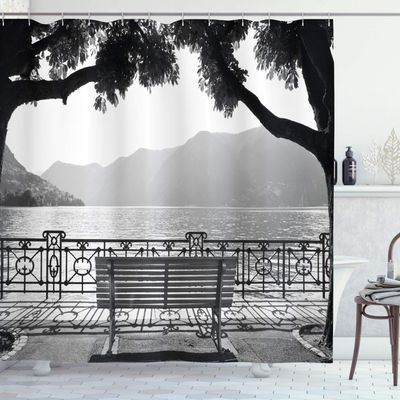 Ambesonne Grey Shower Curtain, Romantic Scenery with a Bench by The Lake Outdoors Trees Empty Park View Mountain Range, Cloth Fabric Bathroom Decor Set with Hooks, 69" W x 70" L, Grey