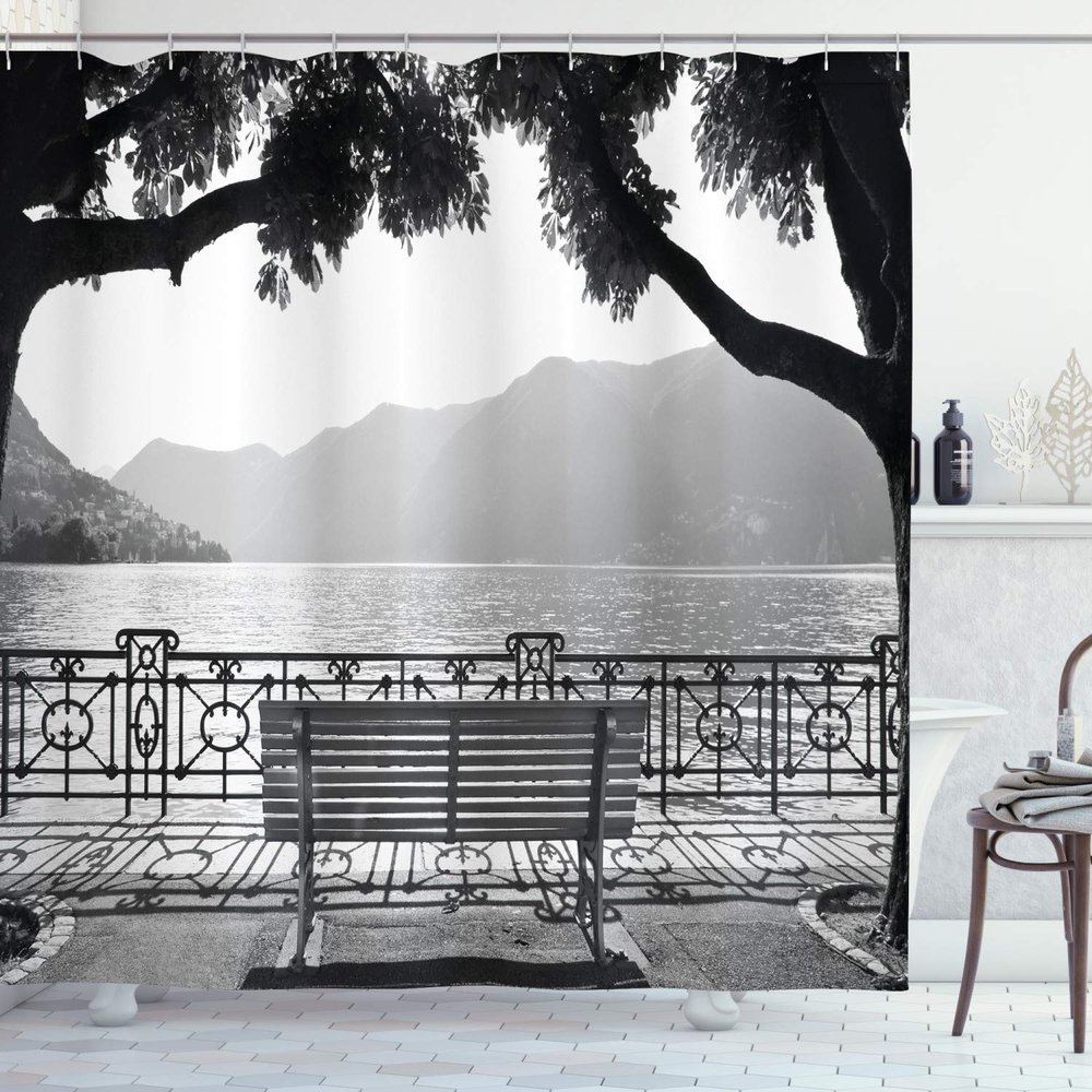 Ambesonne Grey Shower Curtain, Romantic Scenery with a Bench by The Lake Outdoors Trees Empty Park View Mountain Range, Cloth Fabric Bathroom Decor Set with Hooks, 69" W x 70" L, Grey