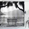 Ambesonne Grey Shower Curtain, Romantic Scenery with a Bench by The Lake Outdoors Trees Empty Park View Mountain Range, Cloth Fabric Bathroom Decor Set with Hooks, 69" W x 70" L, Grey view 1