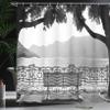 Ambesonne Grey Shower Curtain, Romantic Scenery with a Bench by The Lake Outdoors Trees Empty Park View Mountain Range, Cloth Fabric Bathroom Decor Set with Hooks, 69" W x 70" L, Grey view 3