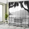 Ambesonne Grey Shower Curtain, Romantic Scenery with a Bench by The Lake Outdoors Trees Empty Park View Mountain Range, Cloth Fabric Bathroom Decor Set with Hooks, 69" W x 70" L, Grey view 4