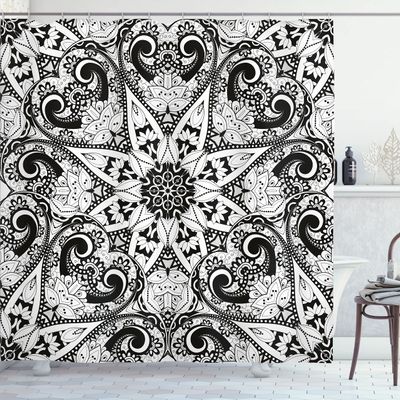 Ambesonne Mandala Shower Curtain, Exotic Style Lace Like Universe Pattern with Orient Inspiration Effects Print, Cloth Fabric Bathroom Decor Set with Hooks, 69" W x 70" L, White and Black