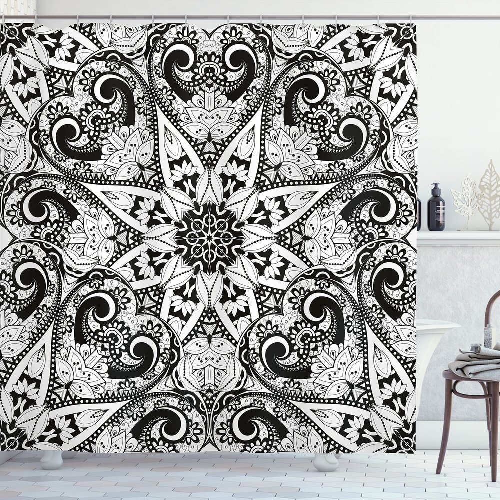 Ambesonne Mandala Shower Curtain, Exotic Style Lace Like Universe Pattern with Orient Inspiration Effects Print, Cloth Fabric Bathroom Decor Set with Hooks, 69" W x 70" L, White and Black