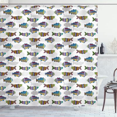 Ambesonne Marine Shower Curtain, Fish Pattern with Ornamental Colorful Underwater Illustration, Cloth Fabric Bathroom Decor Set with Hooks, 69" W x 75" L, Blue Yellow