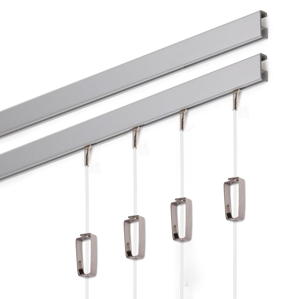 STAS Minirail Picture Hanging System Set - Covers 9.84 ft of Wall Space - Smallest Picture Rail & Art Hanging Gallery Kit for Art Display (Matte Silver Rails, Includes 4 Hooks & Cords)