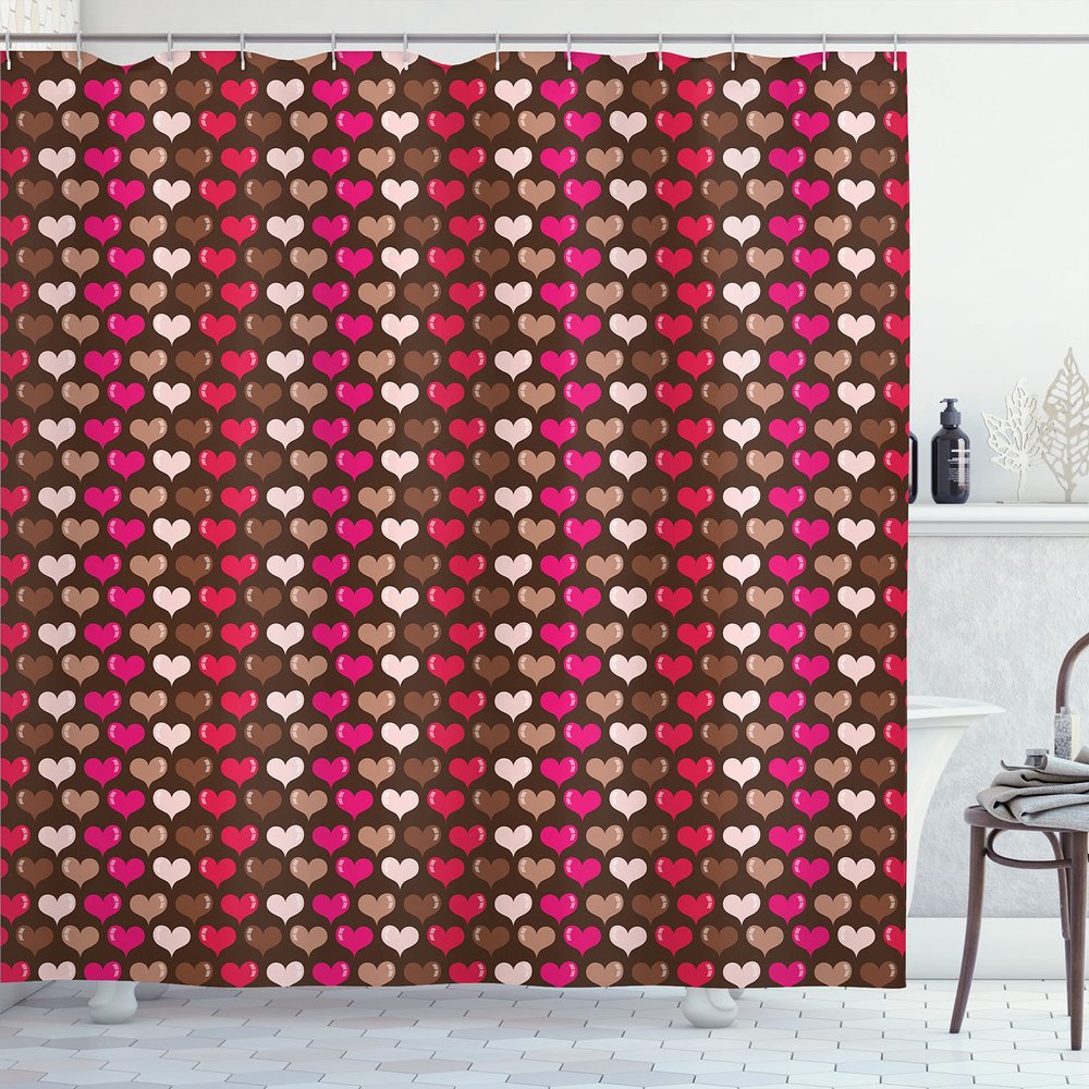 Ambesonne Abstract Shower Curtain, Romantic Heart Shapes Vibrant Love Valentines Day Girls Graphic Illustration, Cloth Fabric Bathroom Decor Set with Hooks, 69" W x 75" L, Brown Fuchsia