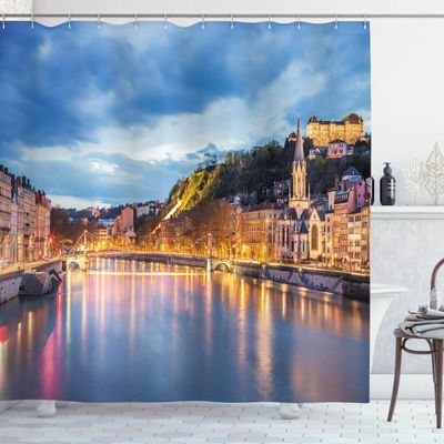 Ambesonne European Shower Curtain, View of Saone River in Lyon City at Evening France Blue Hour Historic Buildings, Cloth Fabric Bathroom Decor Set with Hooks, 69" W x 75" L, Multicolor Sea Blue
