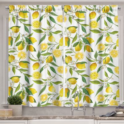 Ambesonne Nature Kitchen Curtains, Exotic Lemon Tree Branches Yummy Delicious Gardening Design, Window Drapes 2 Panel Set for Cafe Decor, 55" x 39", Green White